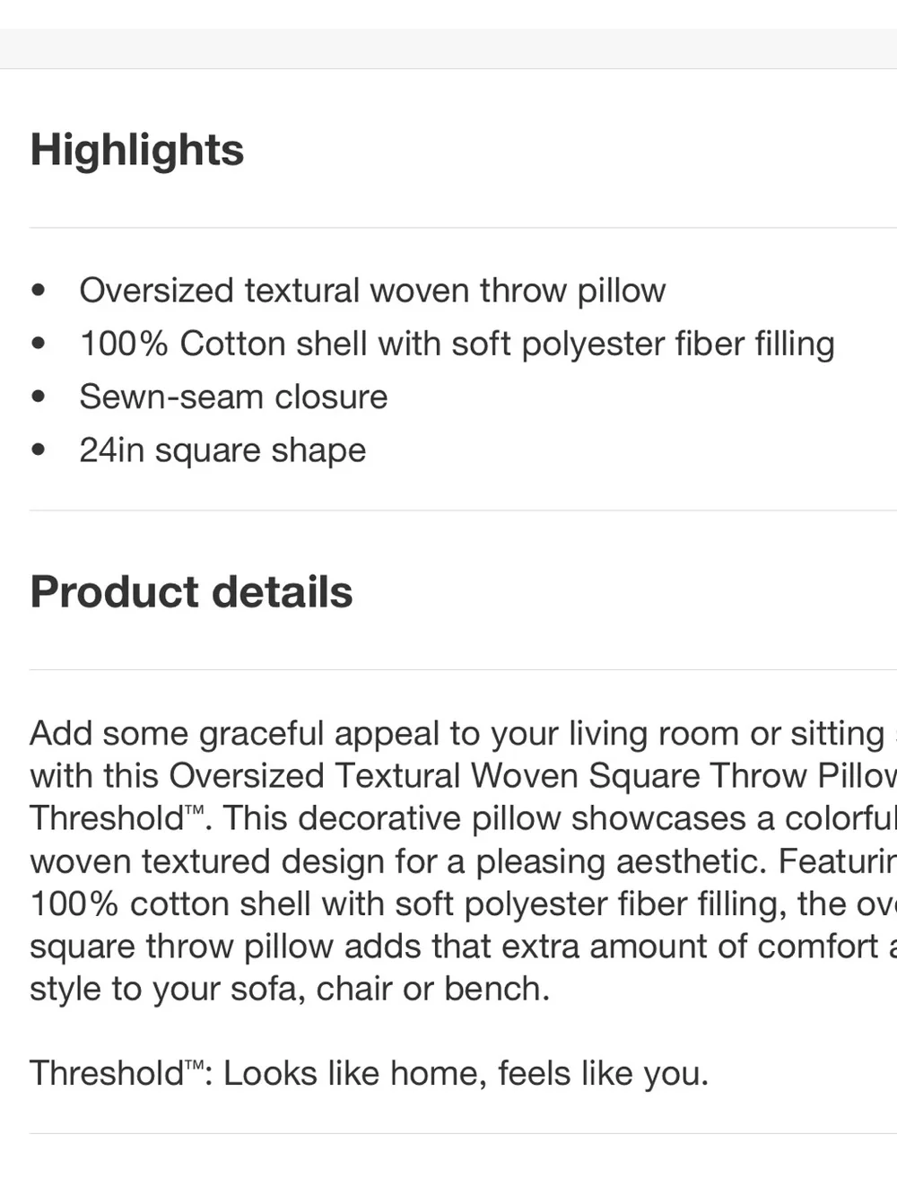 NEW Threshold Oversized 24” Black/Neutral Textural Woven Square Throw Pillow